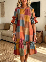 Retro Plaid Pattern Art Print Casual Ruffle Stylish Cotton Linen Dress