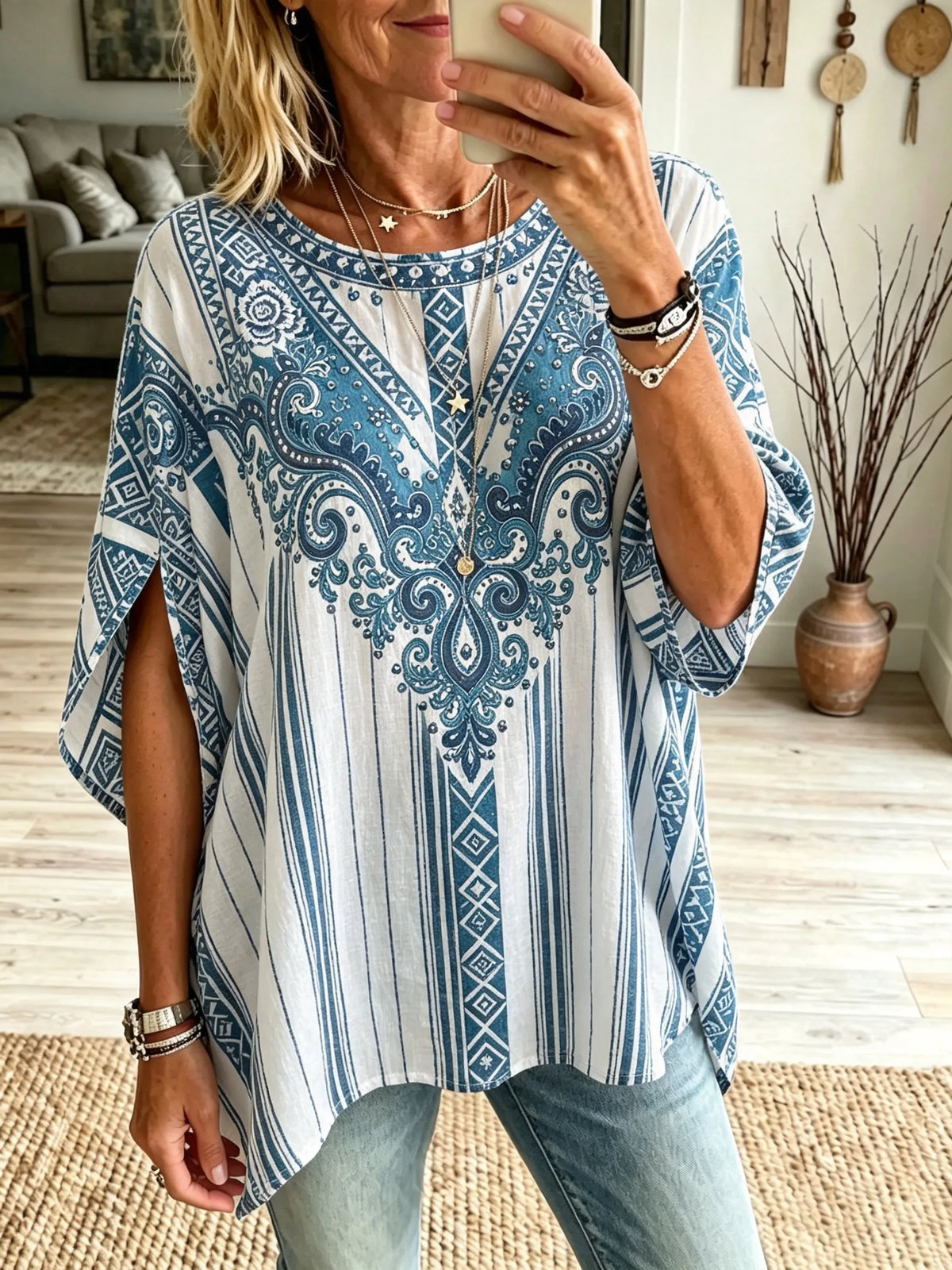 Women's Ethnic Geometric Stripe V-neck Wide Sleeve Top