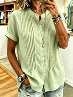 Women's Front Pleated Stand Collar Short Sleeve Linen Cotton Blouse