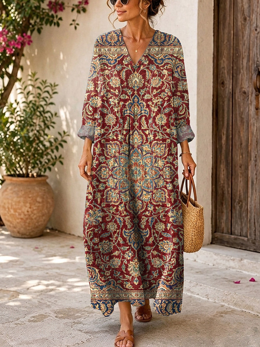 Retro Ethnic Floral Pattern Art Print Casual V-neck Long Sleeve Cotton Linen Maxi Dress