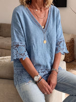 Womens V Neck Lace Trim Washed Denim 3/4 Sleeve Loose Blouse