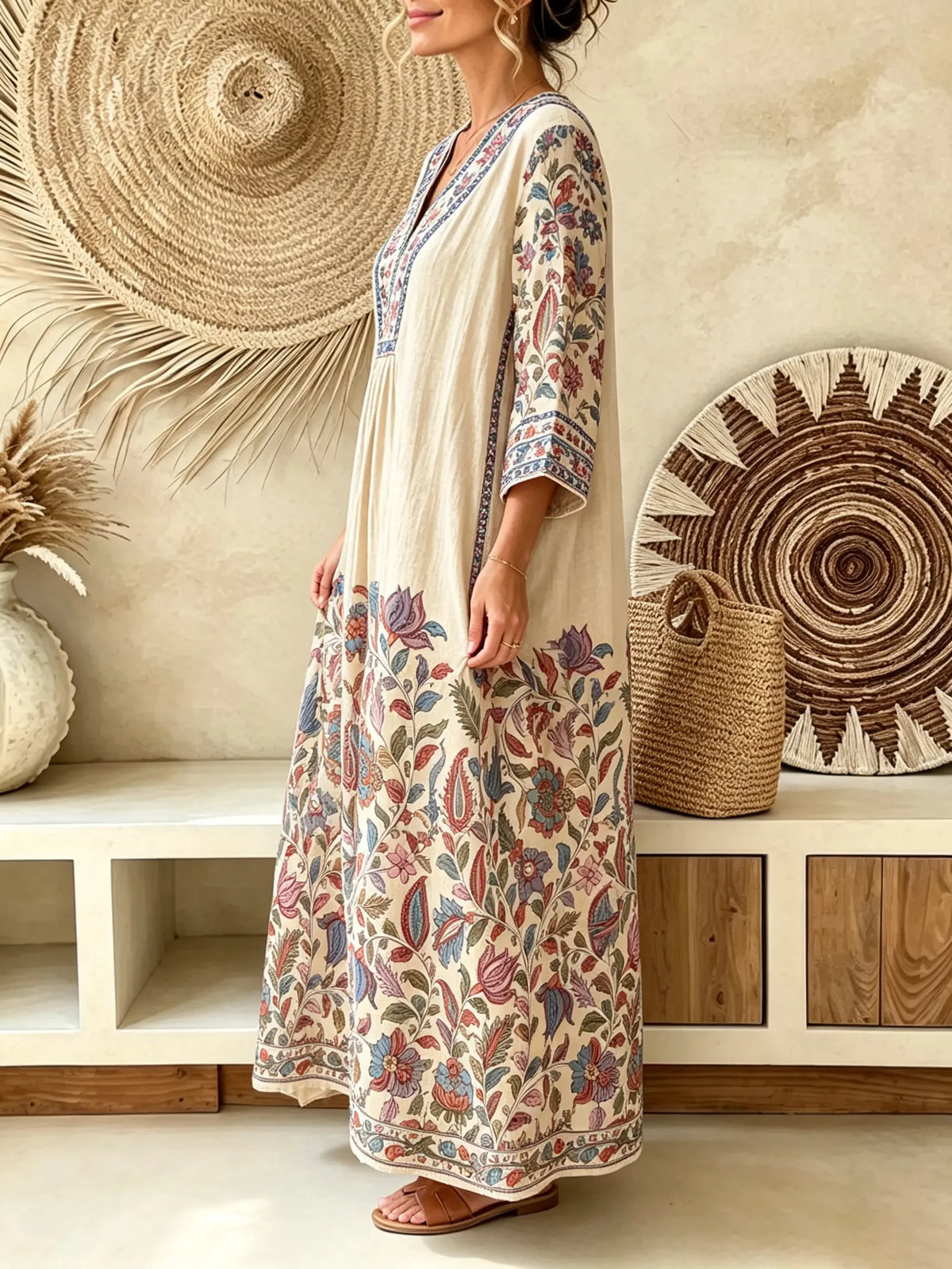 Women Vintage Floral Border Print V-Neck Loose Maxi Dress