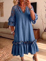 Vintage Elegant Denim Patchwork Hollowed Out Lace Dress