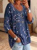 Women's Lace Hollow Out Wildflower Print 3/4 Sleeve Loose Blouse