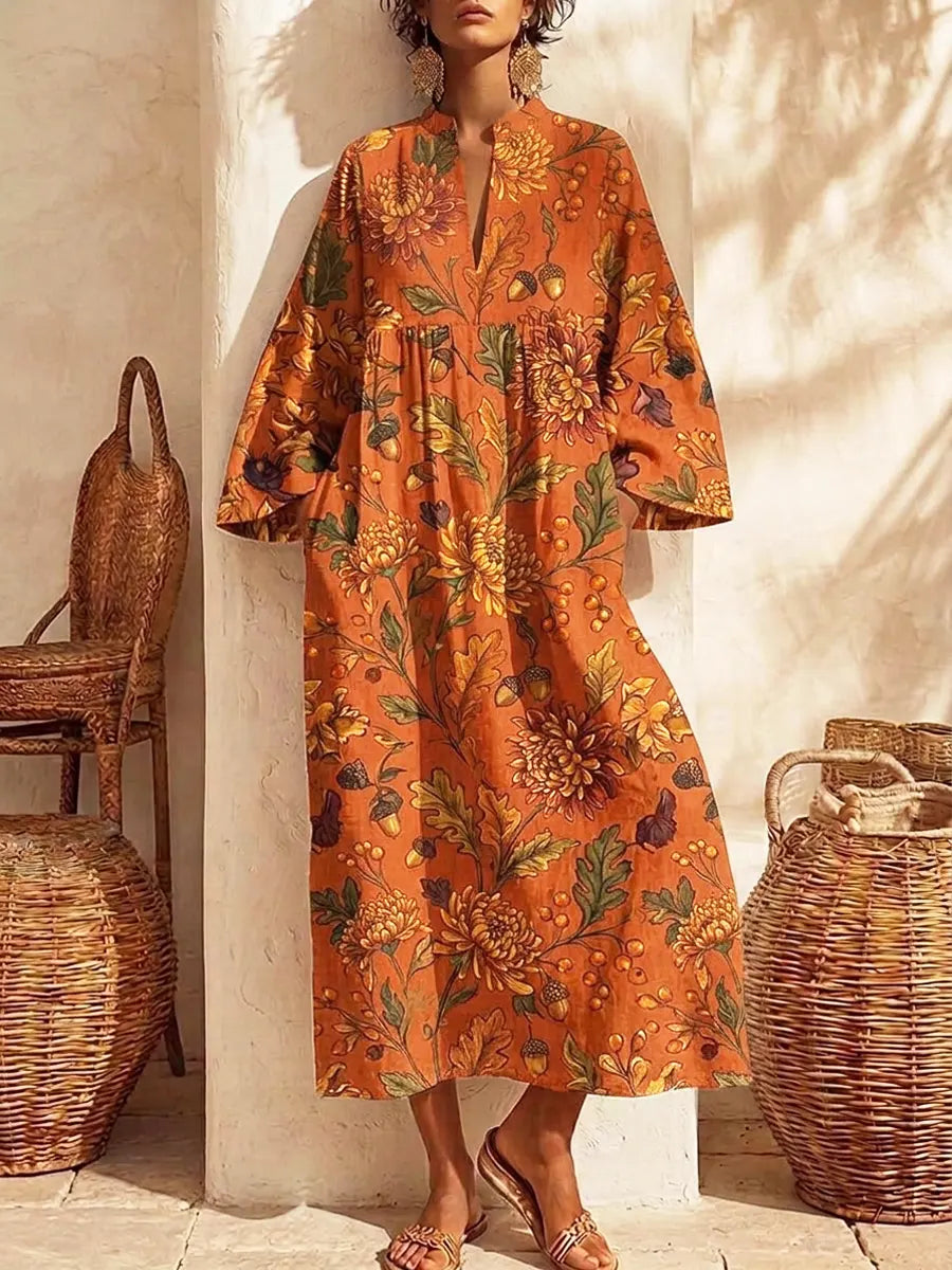 Retro Floral Pattern Art Print Casual V-neck Cotton Linen Maxi Dress