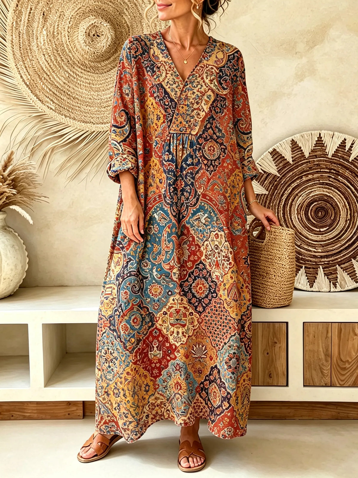 Women Ethnic Vintage Geometric Pattern V-Neck Loose Maxi Dress