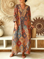 Women Ethnic Vintage Geometric Pattern V-Neck Loose Maxi Dress