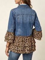 Women Leopard Ruffle Tiered Patchwork Denim Jacket Lapel Button Boho Outerwear