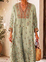 Retro Floral Pattern Art Print Casual V-neck Cotton Linen Maxi Dress