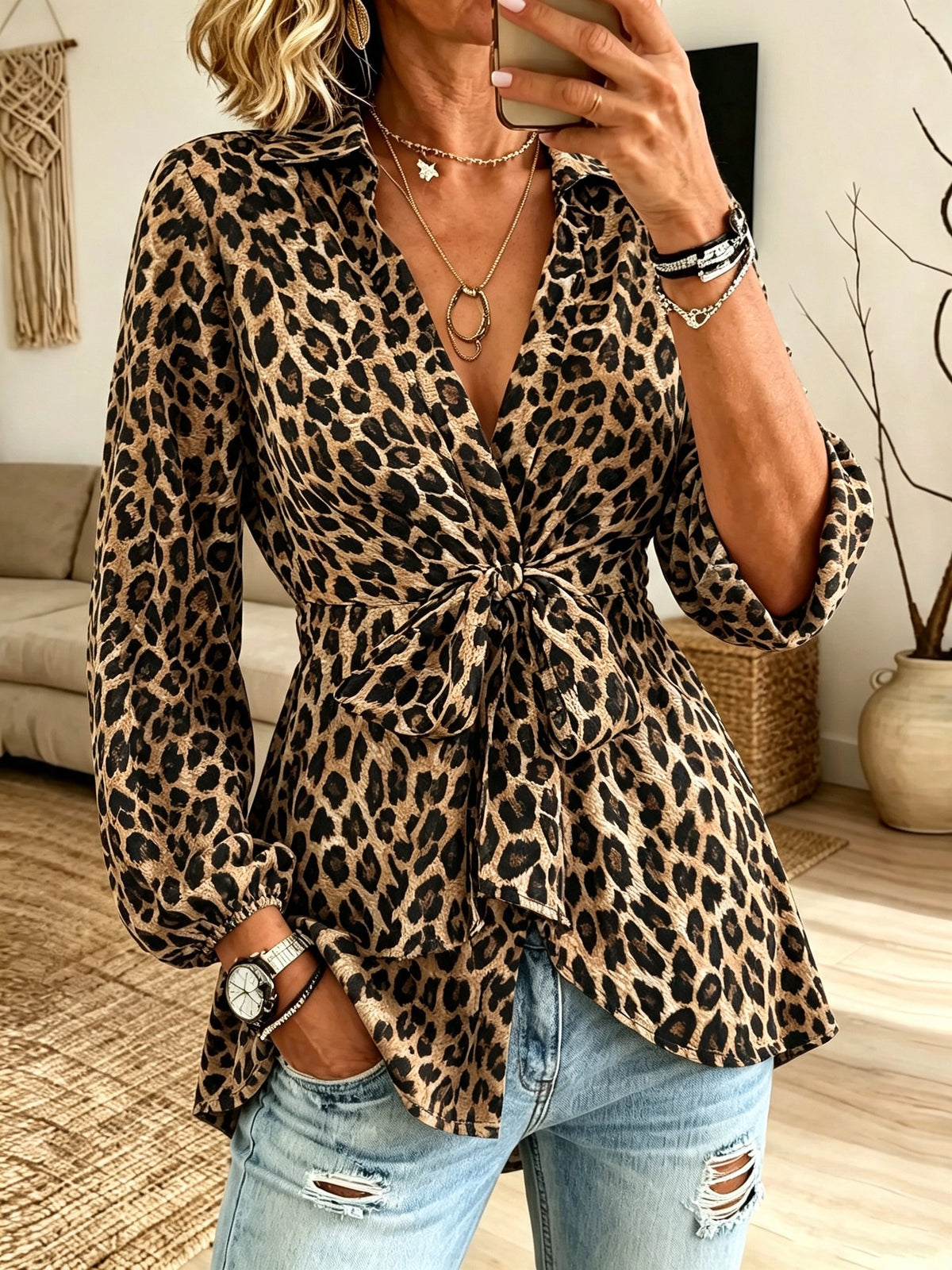 Women's Tie-Front Leopard Blouse