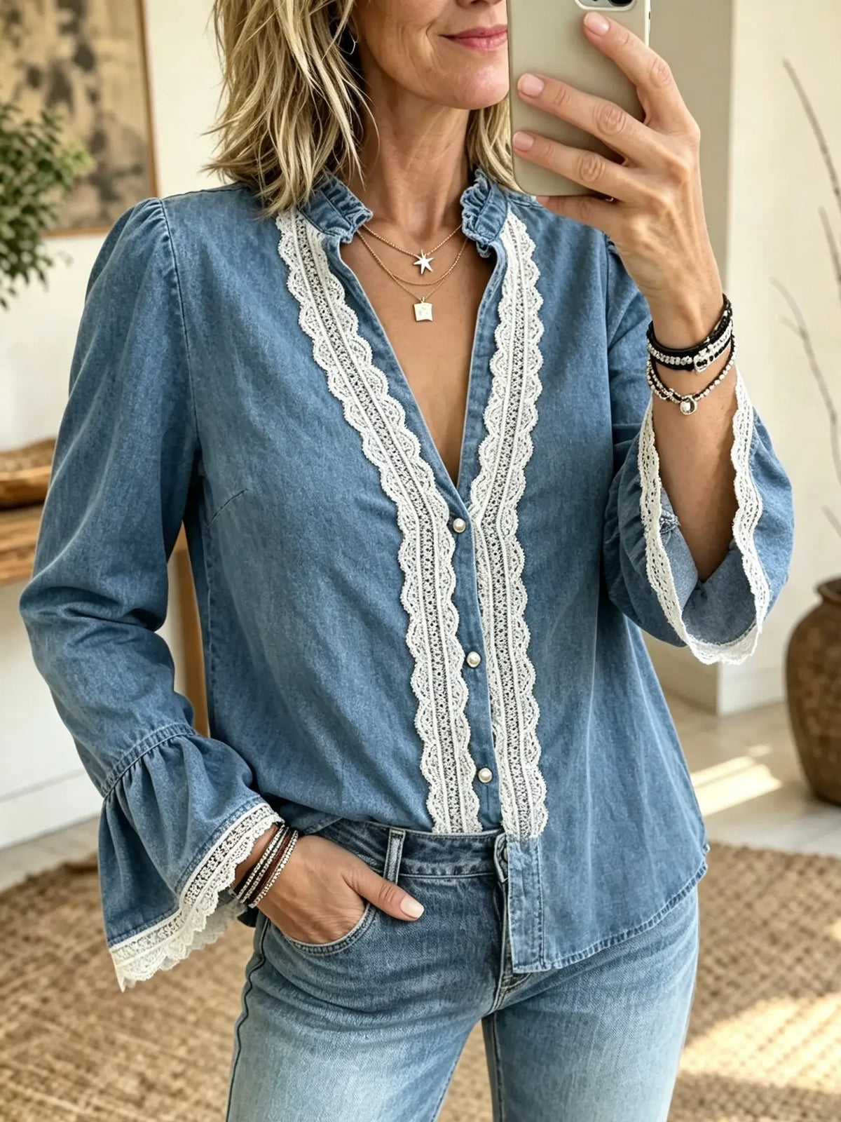 Women's Lace Trim V-Neck Denim Blouse