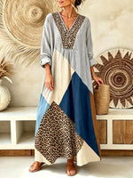 Women's Leopard Geometric Color Block Patchwork Print V-Neck Maxi Dress