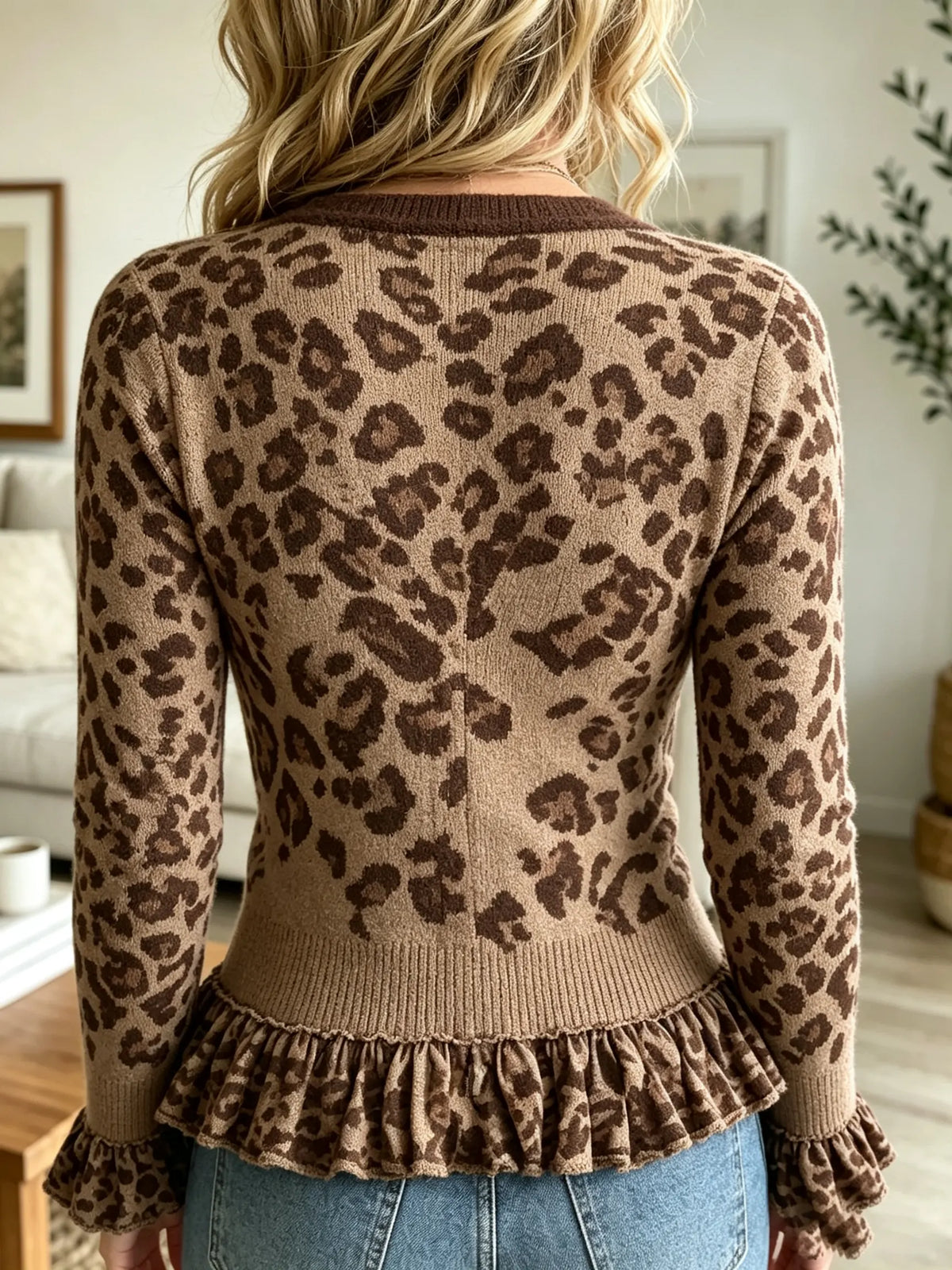 Women's Leopard Print Zipper Peplum Cardigan