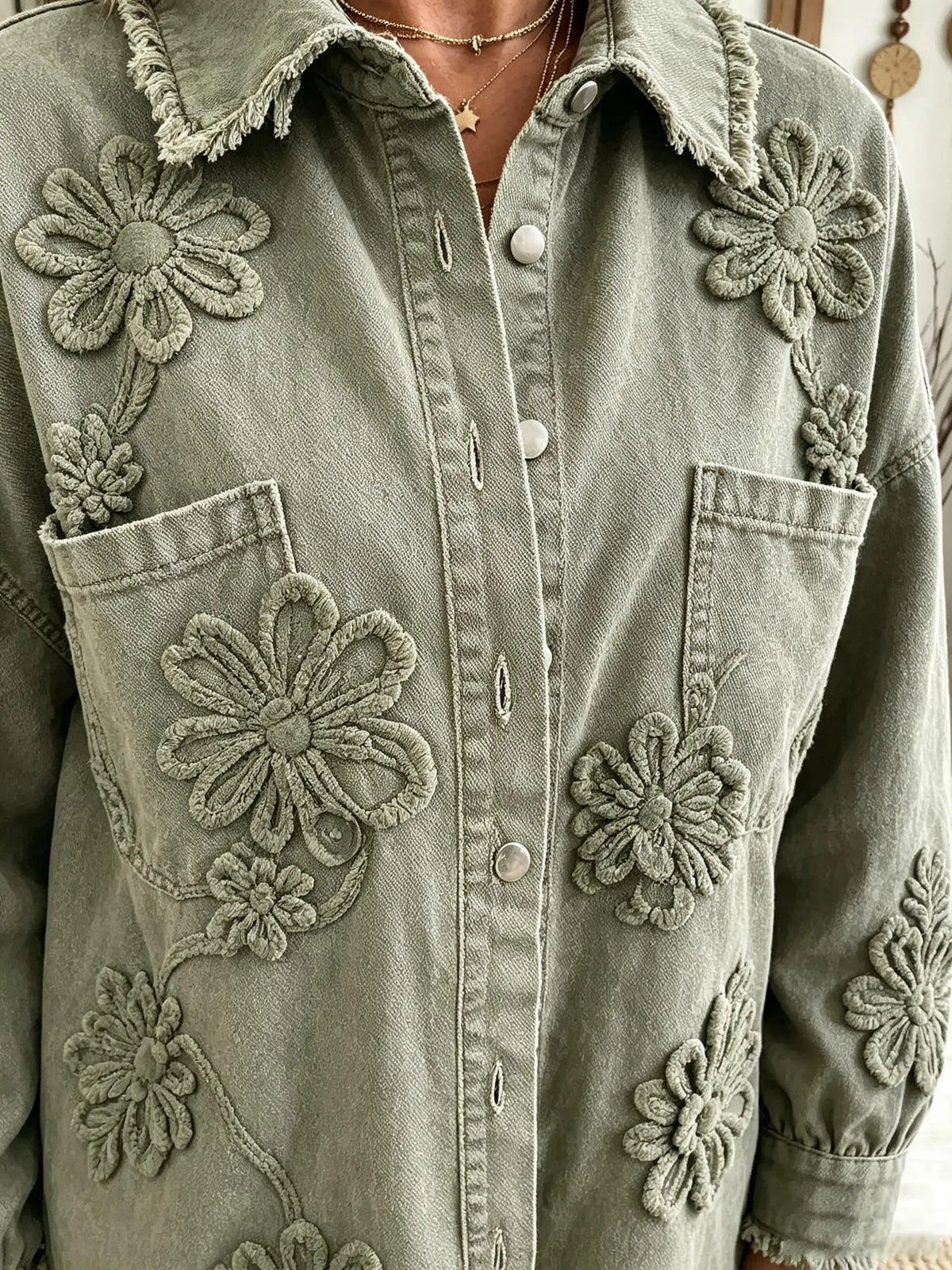 Women's Floral Applique Frayed Denim Jacket
