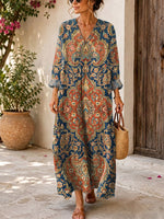 Retro Ethnic Floral Pattern Art Print Casual V-neck Long Sleeve Cotton Linen Maxi Dress