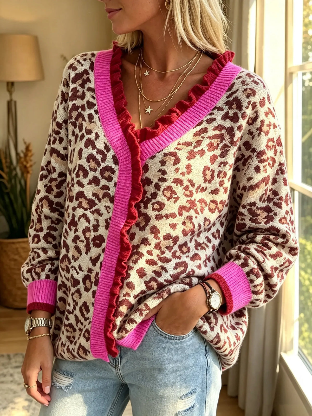 Women's Ruffle Trim Leopard Cardigan