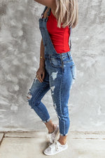 Women Distressed Ripped Roll Cuff Denim Overalls Casual Stretch Jumpsuit