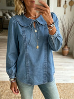 Women's Solid Denim Peter Pan Collar Long Sleeve Blouse