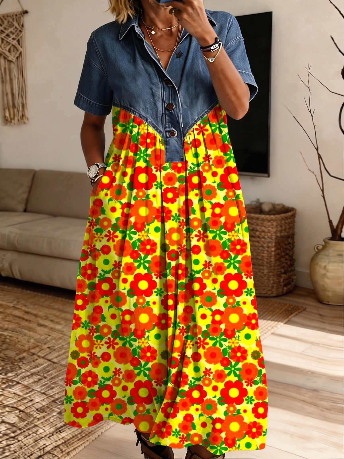 Women Denim Colorful Floral Midi Dress Collared Short Sleeve Partial Button Loose Dress With Pockets