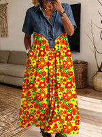 Women Denim Colorful Floral Midi Dress Collared Short Sleeve Partial Button Loose Dress With Pockets