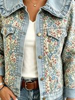 Women's Floral Print Ruffle Collar Denim Jacket