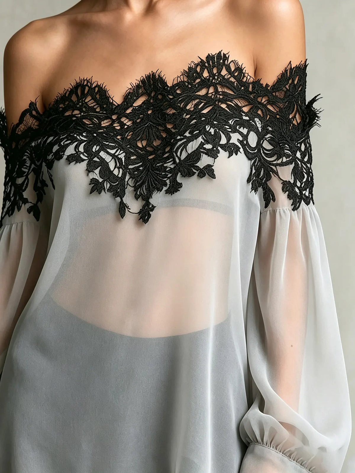 Women Solid Lace Panel Off Shoulder Chiffon Blouse