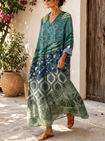 Retro Floral Patchwork Pattern Art Print Casual V-neck Long Sleeve Cotton Linen Maxi Dress
