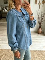 Women's Solid Denim Peter Pan Collar Long Sleeve Blouse