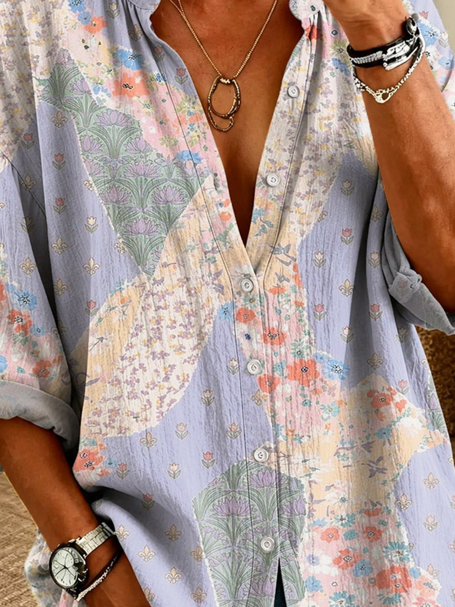 Retro Floral Pattern Art Print Casual Long Sleeve Cotton Linen Shirt