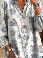 Funny Cactus Pattern Art Print Casual Long Sleeve Cotton Linen Shirt