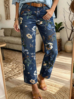 Vintage Floral Print Cropped Flare Jeans For Women