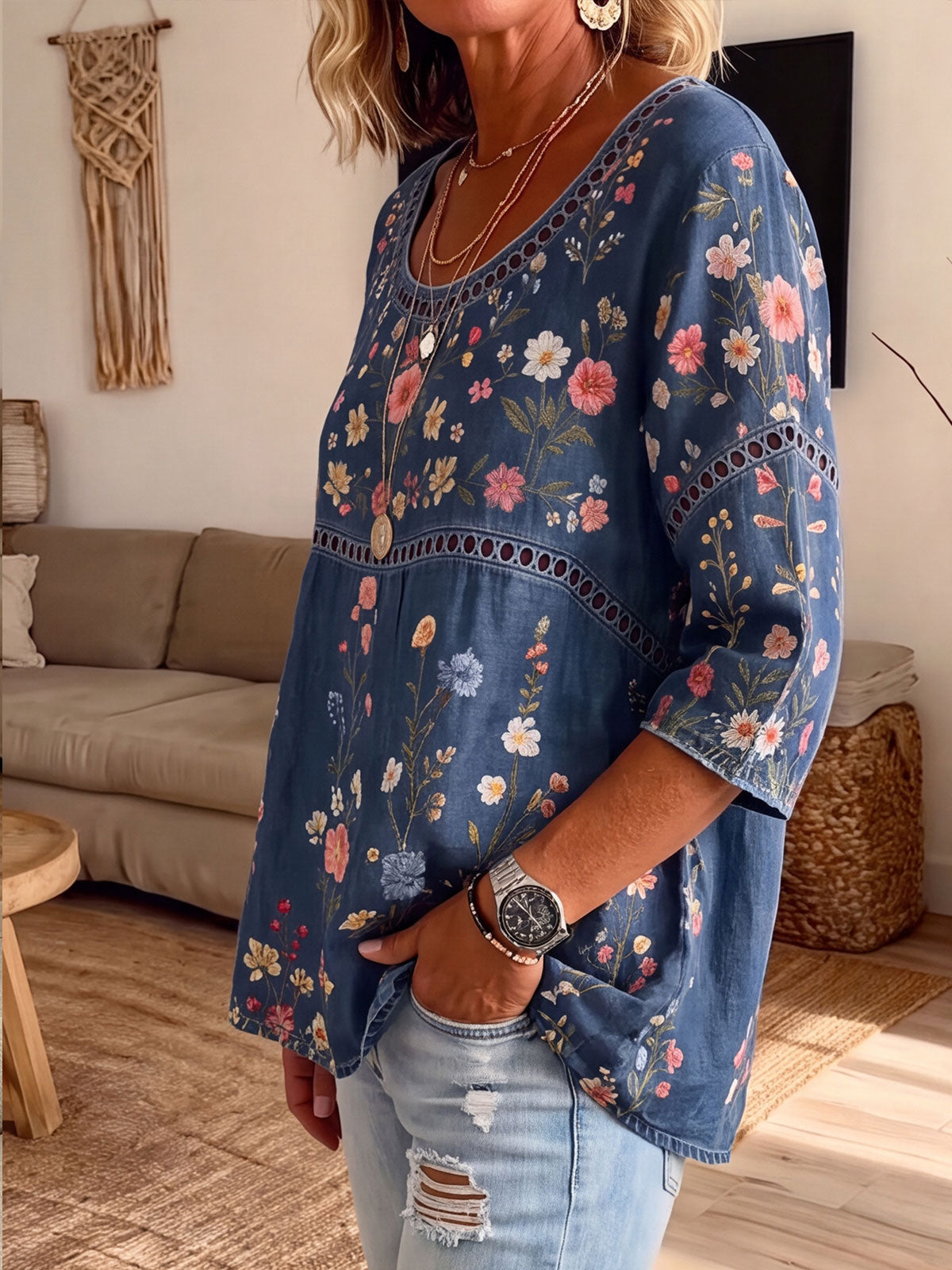 Women's Hollow Lace Spliced Multicolor Floral 3/4 Sleeve Denim Blouse