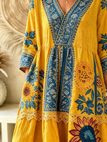Women's Sunflower Floral Color Block Print V-Neck Loose Vacation Maxi Dress