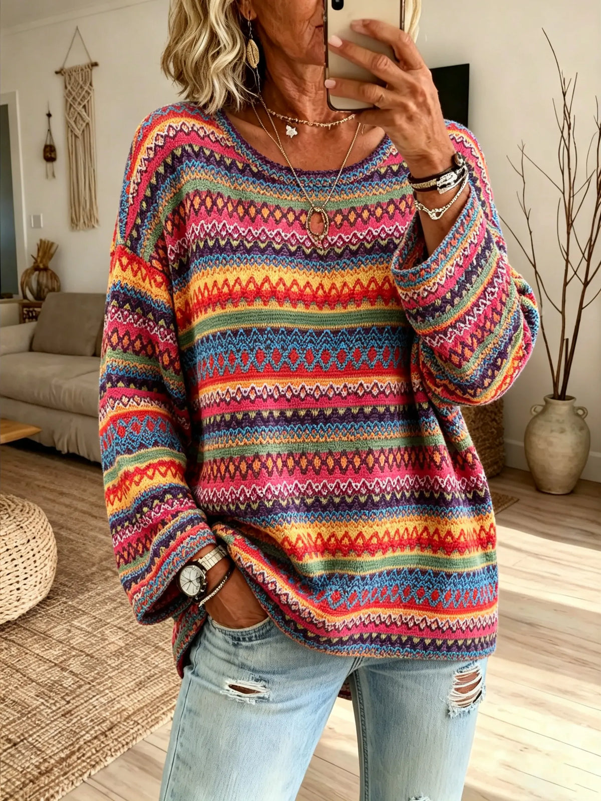 Women Ethnic Geometric Stripe Crew Neck Loose Long Sleeve Knit Sweater