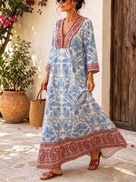Retro Floral Pattern Art Print Casual V-neck Cotton Linen Maxi Dress