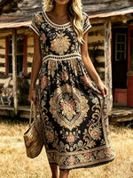 Women's Eyelet Cutout Tapestry Midi Dress