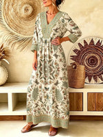 Retro Birds Floral Pattern Art Print Casual V-neck Cotton Linen Maxi Dress