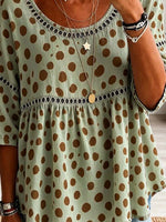 Retro Polka Dot Pattern Art Print Casual Hollow Short Sleeve Cotton Linen Shirt
