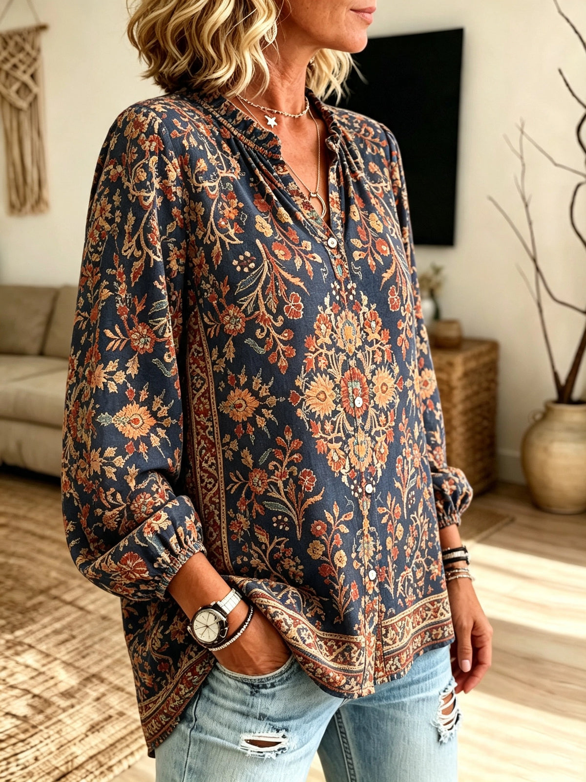 Women's Vintage Damask Button-Down Blouse