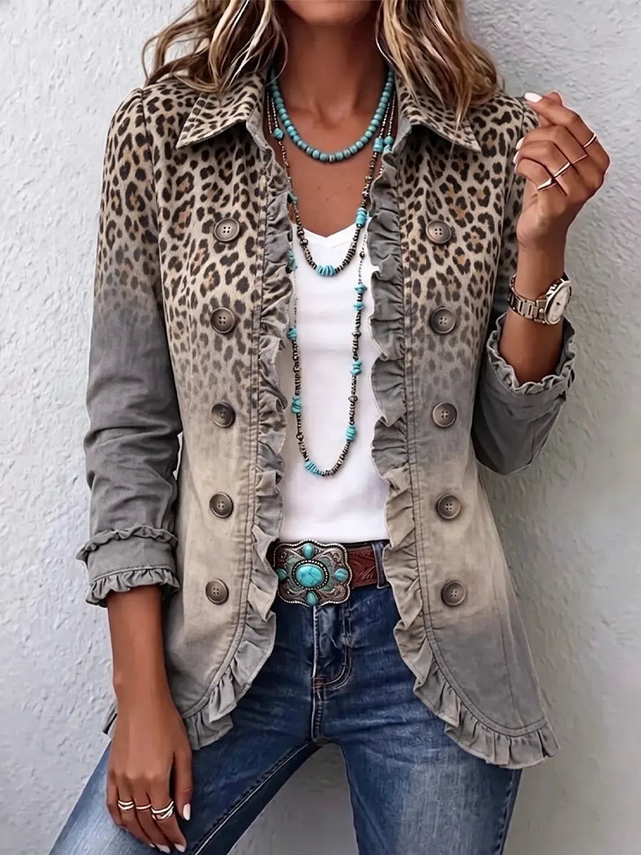 Retro Leopard Pattern Art Print Ruffle Casual Stylish Cotton Lapel Coat
