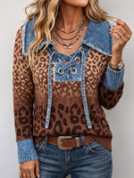 Women Leopard Print Top Denim Frayed Collar Lace‑Up Long Sleeve Western Blouse