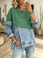 Women's Solid Denim Raw Edge Patchwork Long Sleeve Top