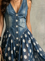 Women's Polka Dot Patchwork Denim Sleeveless Maxi Dress