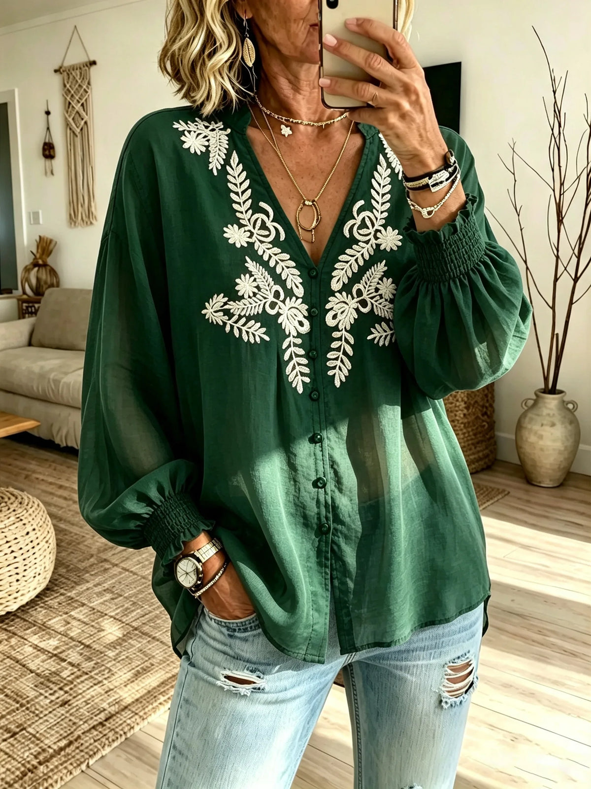 Women's White Botanical Print V-Neck Puff Sleeve Loose Blouse