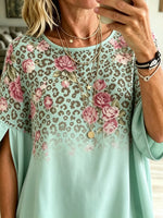 Women's Leopard Rose Floral Gradient Wide Sleeve Top