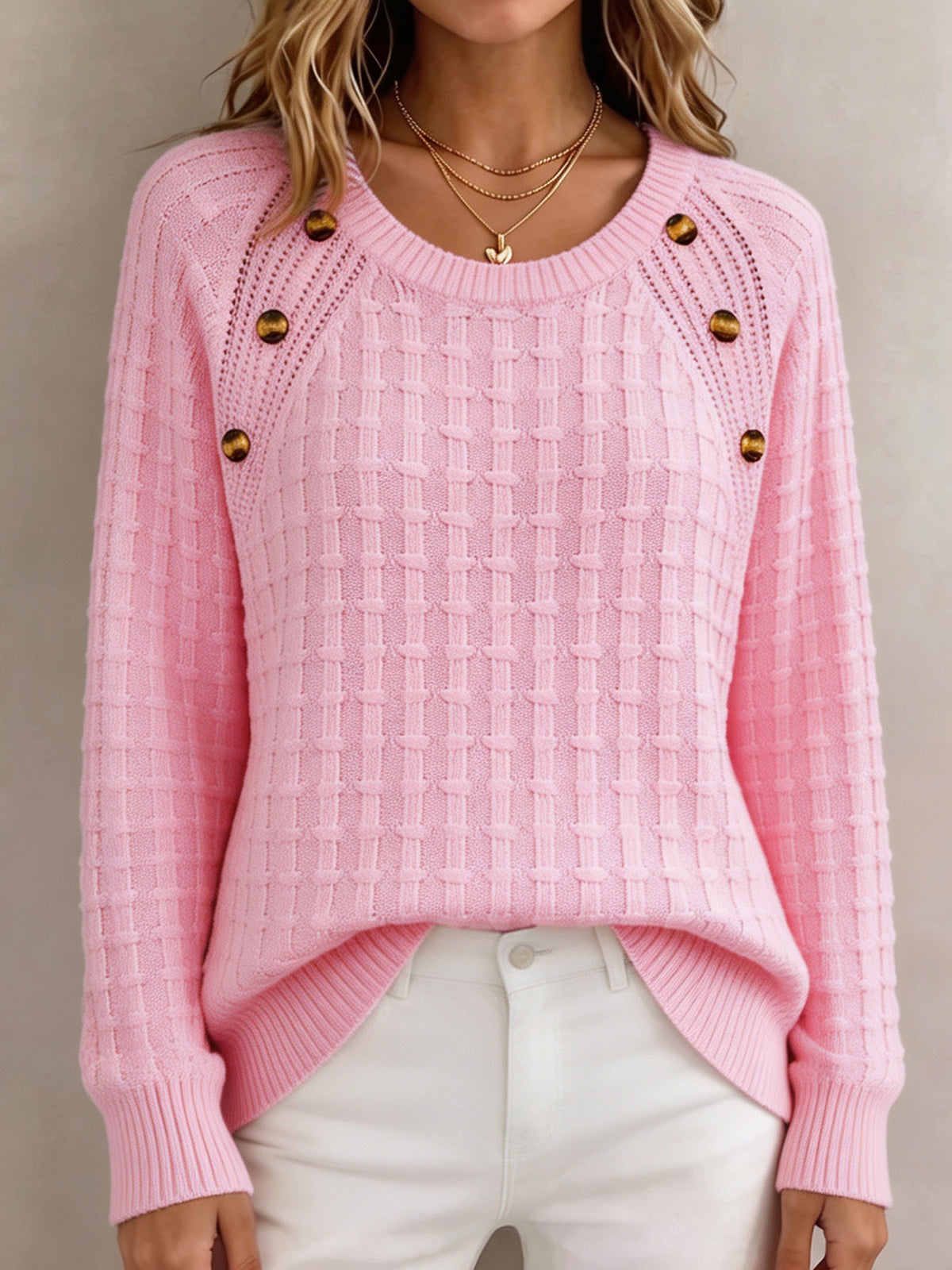 Women Textured Knit Sweater Round Neck Decorative Button Long Sleeve Casual Pullover Top
