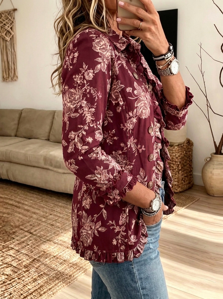 Women Burgundy Floral Print Ruffle Trim Lapel Button Jacket