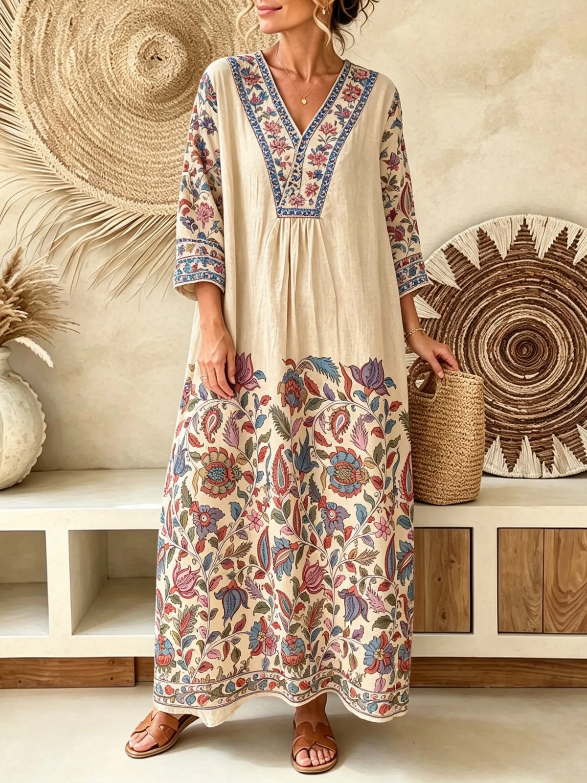 Women Vintage Floral Border Print V-Neck Loose Maxi Dress