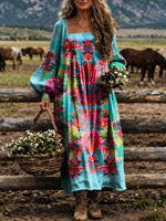 Women‘s Vibrant Watercolor Floral Square Neck Balloon Sleeve Boho Midi Dress