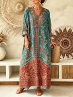 Women's Teal Paisley Floral Ethnic V-Neck Loose Three-Quarter Sleeve Maxi Dress